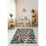 Ontheclouds Yeşil Tropikal Yaprak Flamingo Desen Çerçeveli Dijital Baskı Yıkanabilir Kaymaz Taban Salon Halı, 100 x 300 BLT-S-201F