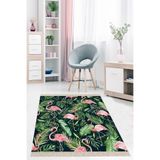Ontheclouds Yeşil Tropikal Yaprak Flamingo Desen Çerçeveli Dijital Baskı Yıkanabilir Kaymaz Taban Salon Halı, 80 x 400 MEG882D