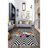 Ontheclouds Zigzag Zemin Çiçek Desenli Siyah Dijital Baskı Yıkanabilir Kaymaz Taban Modern Salon Halısı, 80 x 350