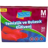 Onton Bulaşık ve Temizlik Eldiveni 30 Çift M Beden (8-8,5) Kırmızı Lateks