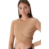 Önü Çapraz Tasarım Crop Uzun Kol Kaşkorse Bluz Taba Açık