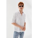 Önü Cepsiz Düz Desen Keten Slim Fit Klasik Uzunkol Gömlek Beyaz