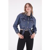 Önü Dekoratif Cepli ve Kolları Lastikli Uzun Kollu Kısa Boy Kot Kadın Ceket Koyu Mavi Denim