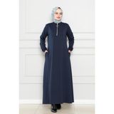 Önü Fermuar Detaylı Iki Iplik Elbise-Lacivert - 3