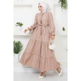 Önü Fırfırlı Kolu Bağlamalı Elbise Vizon HM2078 - 36