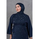 Önü Inci Detaylı Kuşaklı Salaş Elbise - Lacivert - Standart