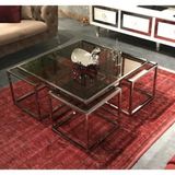 Onurdesign Kante Metal Crom Kaplama Bronz Şeffaf Camlı Kare Orta Sehpa 4+1 92x92 cm