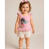 Onymino Kız Çocuk Alt-Üst Takım – Flamingo Baskılı Pembe Askılı T-Shirt ve Cepli Dantelli Şort - 9 - 12 Ay - Pembe - Krem