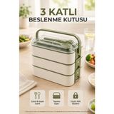 Open City Yeşil 3 Katlı Beslenme Kutusu Çatal Kaşık Dahil Kilitli Kapaklı Taşıma Saplı Yemek Saklama Kabı Seti - 1