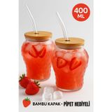 Open Home Concept 2 Adet Çilek Desenli 400 ml Borosilikat Cam Bardak – Bambu Kapaklı, Cam Pipet Hediyeli