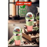 Open Home Concept 2 Adet Diyet & Kahvaltı Için Çatal & Kaşıklı Kapaklı Yoğurt Müsli Salata Meyve Saklama Kabı - 600 ml
