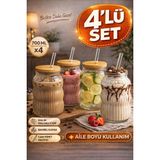 Open Home Concept 4 Adet Bambu Kapaklı Cam Pipet Hediyeli Cam Bardak Smoothie Kahve Detoks Içecek Bardağı 700 ml - 0 - Siyah