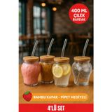 Open Home Concept 4 Adet Çilek Desenli 400 ml Borosilikat Cam Bardak – Bambu Kapaklı, Cam Pipet Hediyeli
