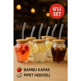 Open Home Concept 6'lı Çilek Desenli 400 ml Borosilikat Cam Bardak – Bambu Kapaklı, Cam Pipet Hediyeli