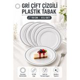 Open Home Concept 6'lı Set I Gümüş Çift Çizgili 19 CM Plastik Tabak Porselen Görünümlü Davet ve Misafir Sofraları
