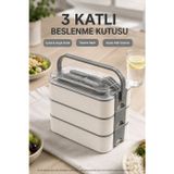 Open Home Concept Antrasit 3 Katlı Beslenme Kutusu Çatal Kaşık Dahil Kilitli Kapaklı Taşıma Saplı Yemek Saklama Kabı Seti