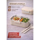 Open Home Concept Bej Benmarili Paslanmaz Çelik Yemek Kabı 2 Bölmeli Beslenme Kabı Saklama Kabı Lunch Box - 450 ml