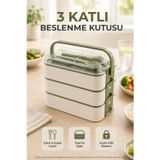 Open Home Concept Yeşil 3 Katlı Beslenme Kutusu Çatal Kaşık Dahil Kilitli Kapaklı Taşıma Saplı Yemek Saklama Kabı Seti