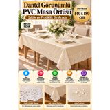 OpenCity Krem 140x180 cm Dantel Görünümlü PVC Masa Örtüsü Sıvı Geçirmez Silinebilir Mutfak Masa Örtüsü Lüks