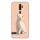 Oppo A5 2020 Uyumlu Beyaz Kelebekli Kedi Baskılı Silikon Kılıf