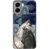 Oppo A6T - A6X Uyumlu Mavi Kilim Desenli Siyah ve Beyaz At Baskılı Silikon Kılıf