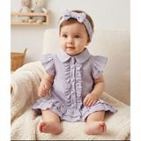 Oppomio Bayramlık Fırfır Detaylı Yazlık Bebe Yaka Kısa Müslin Bebek Elbise Bandanalı 2li Set - Lila - 18 - 24 Ay