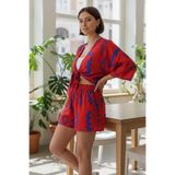 oraystore Kadın Desenli 2’li Takım Bağlamalı Crop Kimono Bluz ve Lastikli Şort Yazlık Rahat Kombin