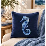 Orcadeco Denizatı Desenli Dekoratif Kırlent Kılıfı, Lacivert | Marin Temalı Tasarım, Velvet Kumaş, Koltuk ve Kanepeye Uygun, Modern ve Minimal, Coastal Dekorasyon