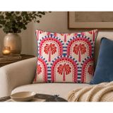 Orcadeco Palm Arch Dekoratif Kırlent Kılıfı, Pembe Kırmızı Mavi | Palmiye & Kemer Motifli, Mavi Biye Detaylı, Tropikal Retro-Modern, Ekru Zemin Üzeri Desen, Balkon & Teras Uyumlu