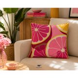 Orcadeco Pembe Greyfurt Desenli Dekoratif Kırlent Kılıfı | Sarı Biye Detaylı, Fuşya ve Sarı Tonlar, Narenciye Figürlü Desen, Koltuk ve Kanepe Uyumlu, Retro ve Modern Stil