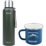 Orcamp OUT-5100 1.5 lt Yeşil Çelik Termos+OUT-1900 Emaye Adventure Mavi 330 ml Kupa