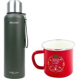 Orcamp OUT-5100 1.5 lt Yeşil Çelik Termos+OUT-1900 Emaye Summer Kırmızı 330 ml Kupa