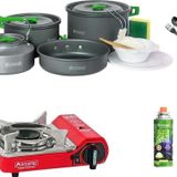 Orcamp Tekli Mini Portatif Ocak Kırmızı+1 Adet Kartuş Kts 227+4 Parça Tencere Seti+Çatal Kaşık Bıçak Mavi Orc-013-D1