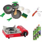 Orcamp Tekli Mini Portatif Ocak Kırmızı+3 Parça Tencere Seti+Çatal Kaşık Bıçak Kırmızı+3 Adet Kartuş Orc-013-F1