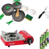Orcamp Tekli Mini Portatif Ocak Kırmızı+3 Parça Tencere Seti+Çatal Kaşık Bıçak Siyah+3 Adet Kartuş Orc-013-F2