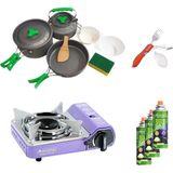 Orcamp Tekli Mini Portatif Ocak Mor+3 Parça Tencere Seti+Çatal Kaşık Bıçak Kırmızı+3 Adet Kartuş Orc-014-F1