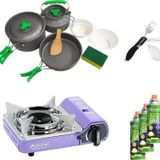 Orcamp Tekli Mini Portatif Ocak Mor+3 Parça Tencere Seti+Çatal Kaşık Bıçak Siyah+3 Adet Kartuş Orc-014-F2