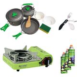 Orcamp Tekli Mini Portatif Ocak Yeşil+3 Parça Tencere Seti+Çatal Kaşık Bıçak Siyah+3 Adet Kartuş Orc-015-F2