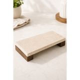 OrdoVeni Dekoratif Doğal Traverten Mermer Sunumluk | Ahşap Kayın Ağacı Ayaklı Yağlık Altlığı, Sıvı Sabunluk Altlığı ve Dekoratif Kahve Sunum Tepsisi | 20x 10 Cm