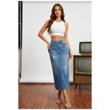 Ore design Vintage Mavi Yıpratmalı Kadın Yüksek Bel Klasik 5 Cep Denim Etek OYOK26ET2215
