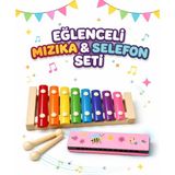 Örf Aletleri Seti Ahşap Selefon (Ksilofon) ve Mızıka Müzik Seti - Çok Renkli