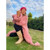 Organic Mira Pembe Salaş Uzun Oversize Mont Chunky Cardigan Kadın Ceket Hırka - Standart - Gül Kurusu - Pembe