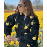 Organicmira Kadın Güllü Oversize Ceket Sevgililer Günü Crop Chunky - Standart - Siyah-S1N