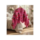 ORGANICMIRA Kirazlı Pembe Ceket Kadın Crop Oversize Hırka Kiraz 3D Chunky Cardigan
