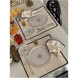 Organik Ham Keten Siyah Şeritli 6lı Ahşap Toka Hediyeli Peçete Takımı - Krem - 43 x 43 cm