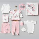 Organik Kız Bebek 0-3 Ay Kalpli Tavşan Nakışlı 10 Lu Hastane Çıkış Zıbın Seti - Pembe - 0 - 3 Ay