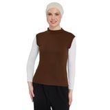 Organik Kolsuz Balıkçı Yaka Likralı Kadın Sıfır Kol Body, Çikolata, L-XL