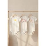 Organik%100 Pamuk Hayvan Figür Baskılı Kısa Kollu Bebek Body Çıtçıtlı Badi Zıbın Tulum Güneşli Gökkuşağı 18-24M