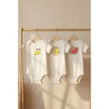 Organik%100 Pamuk Hayvan Figür Baskılı Kısa Kollu Bebek Body Çıtçıtlı Badi Zıbın Tulum Muz Armut Çilek 18-24M