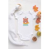 Organik%100 Pamuk Uzun Kollu Beyaz Mutlu Sevimli Ayıcık Bebek Body Bebek Badi Çıtçıtlı Zıbın, 3 Ay